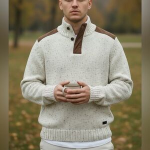 Mexx Men's Beige Cable Knit Sweater Sz XXL Long Suede Patches Heritage Fisherman